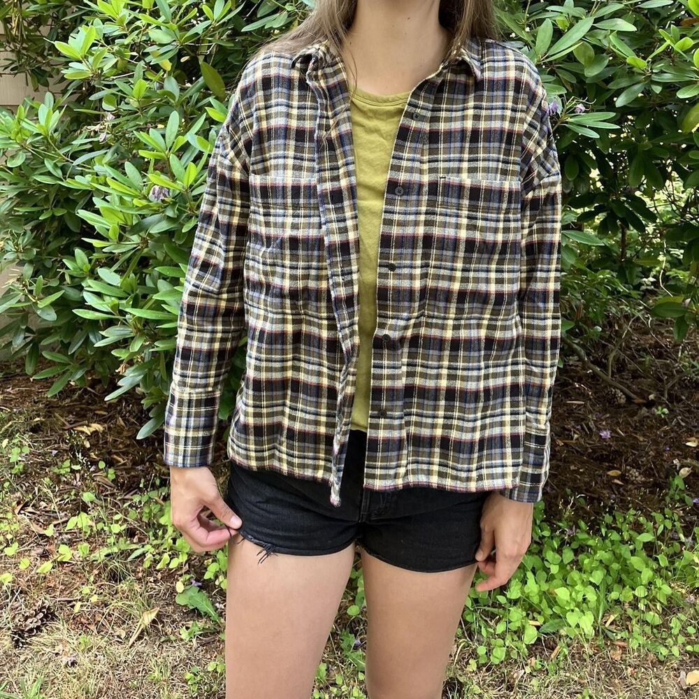 EVERLANE The Boxy Flannel Shirt M Plaid Black Multi
